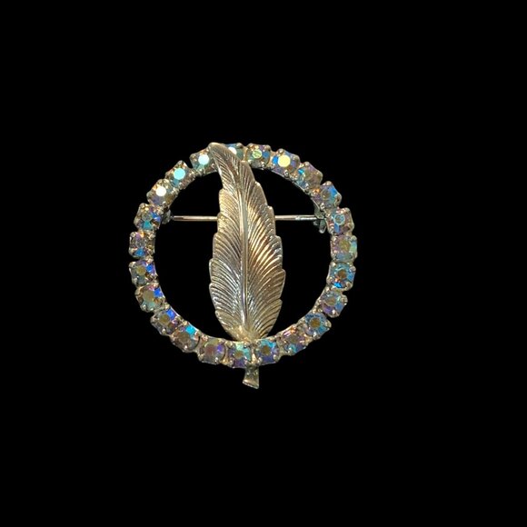 Vintage Aurora Borealis Rhinestone Circle Pin With Silver-Toned Feather Design - Picture 2 of 10
